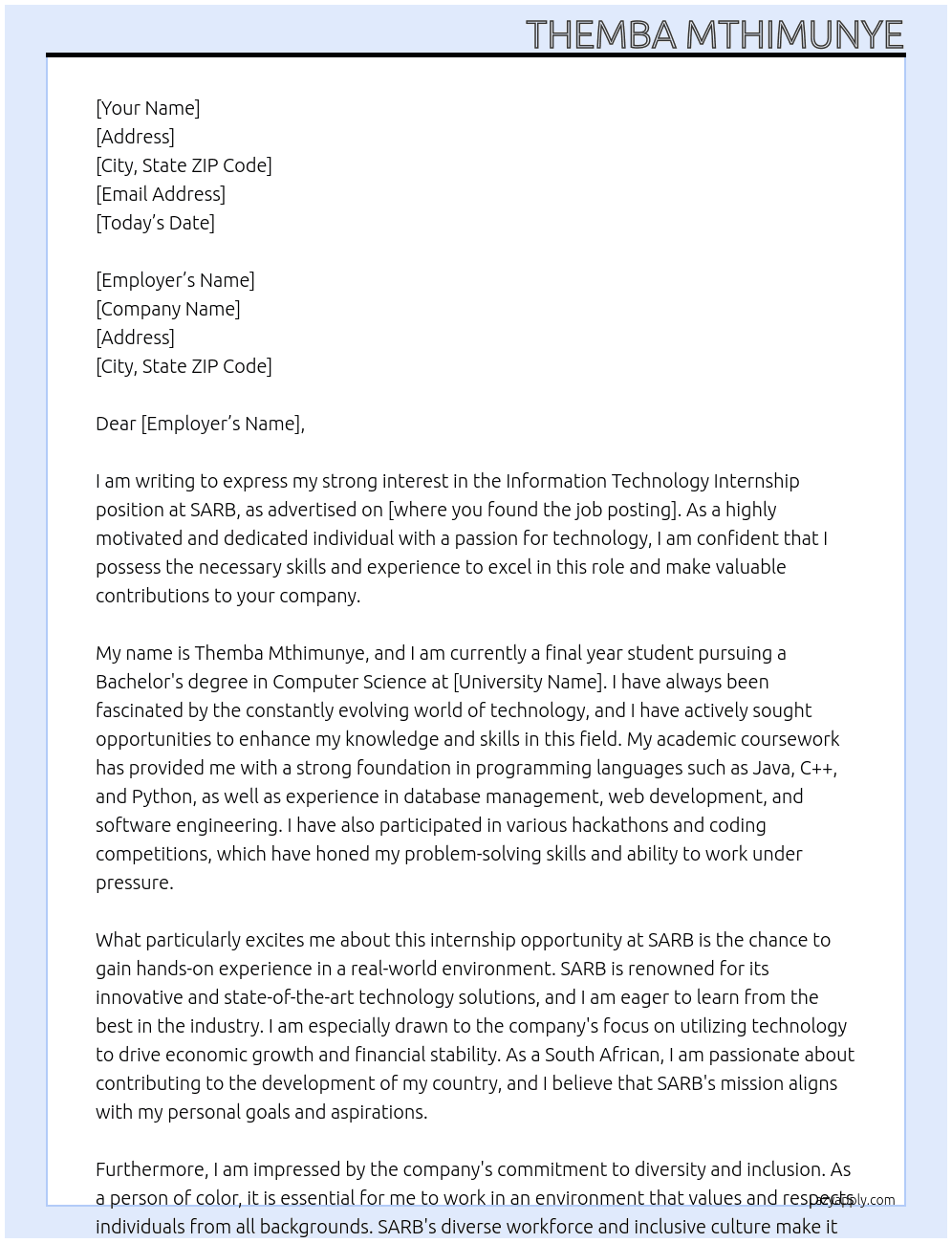 Information Technology Internship At SARB Cover Letter