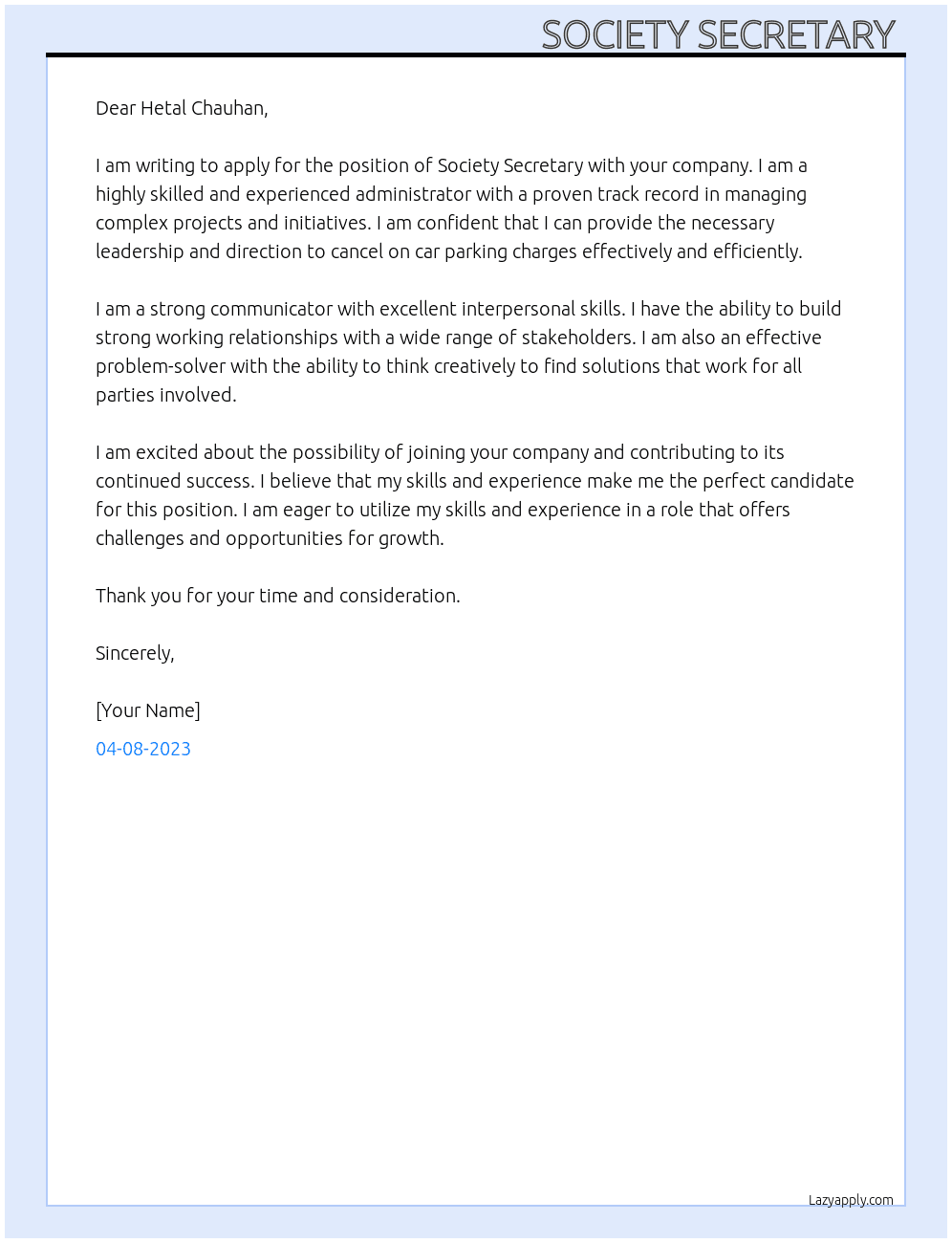 Cancel on car parking Charges  At Hetal Chauhan Cover Letter