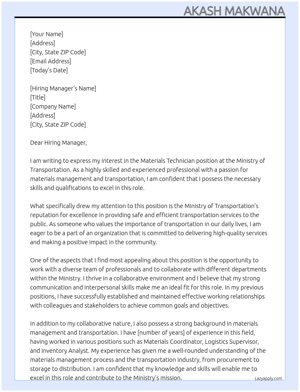 Cover letter for materials technician - LazyApply