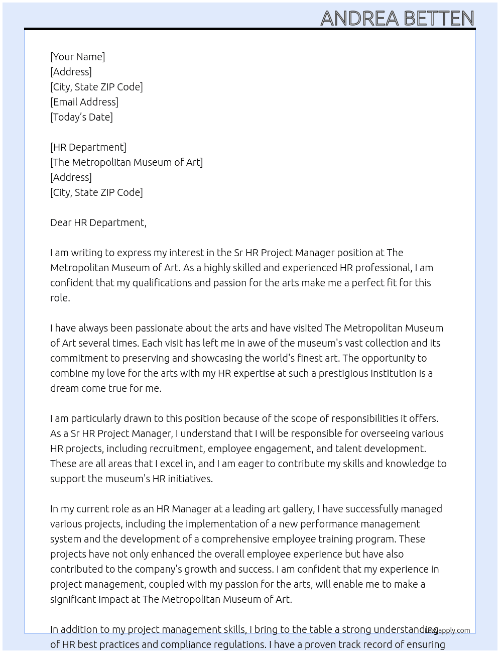 Sr HR Project Manager At The Metropolitan Museum of Art Cover Letter