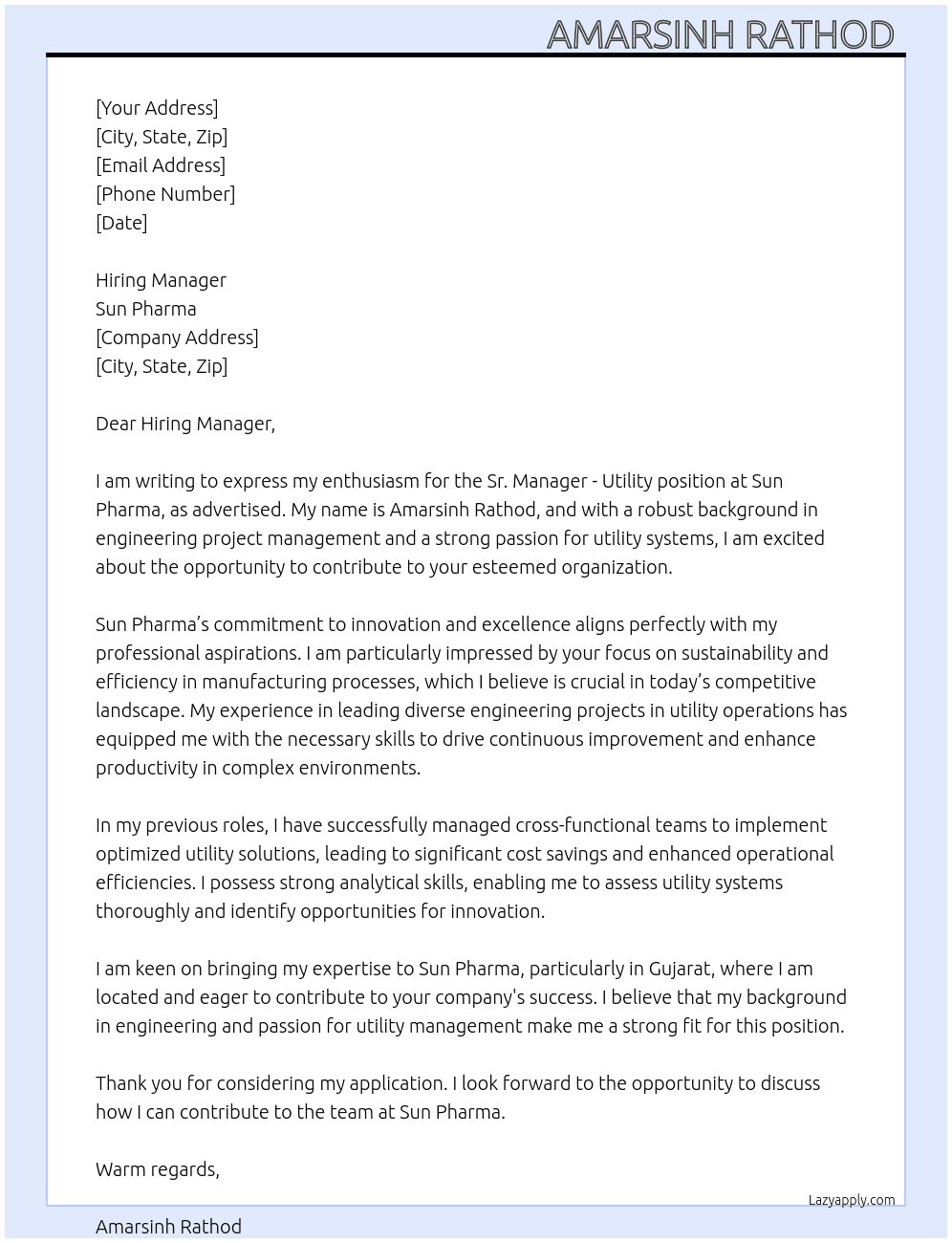 Sr Manager Utility  At Sun Pharma  Cover Letter
