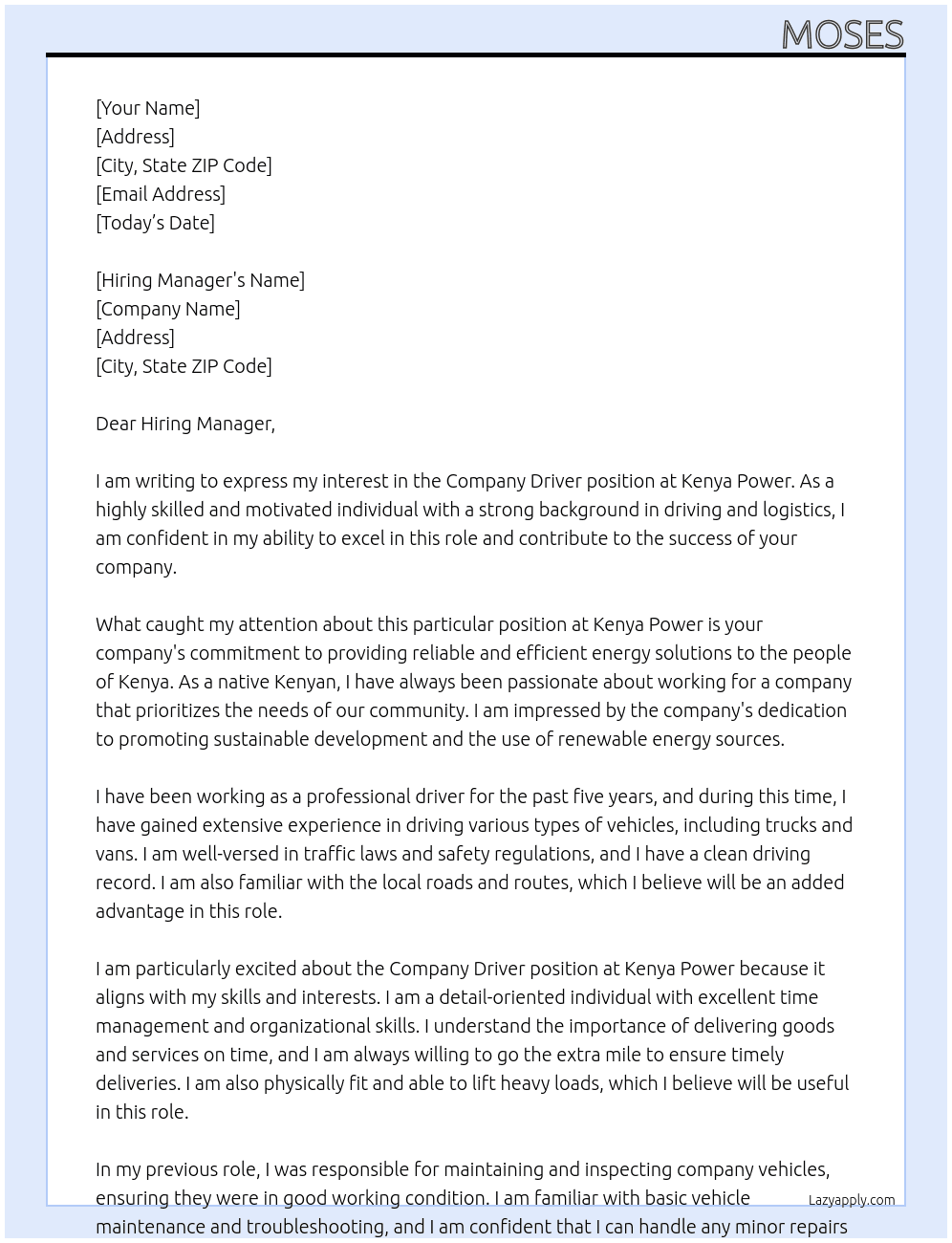 Company Driver  At Kenya Power  Cover Letter