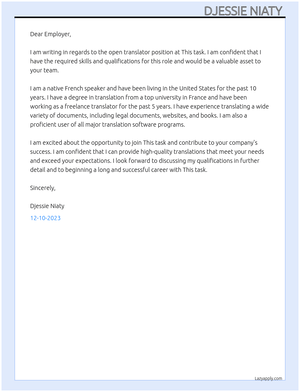 Translator  At This task  Cover Letter