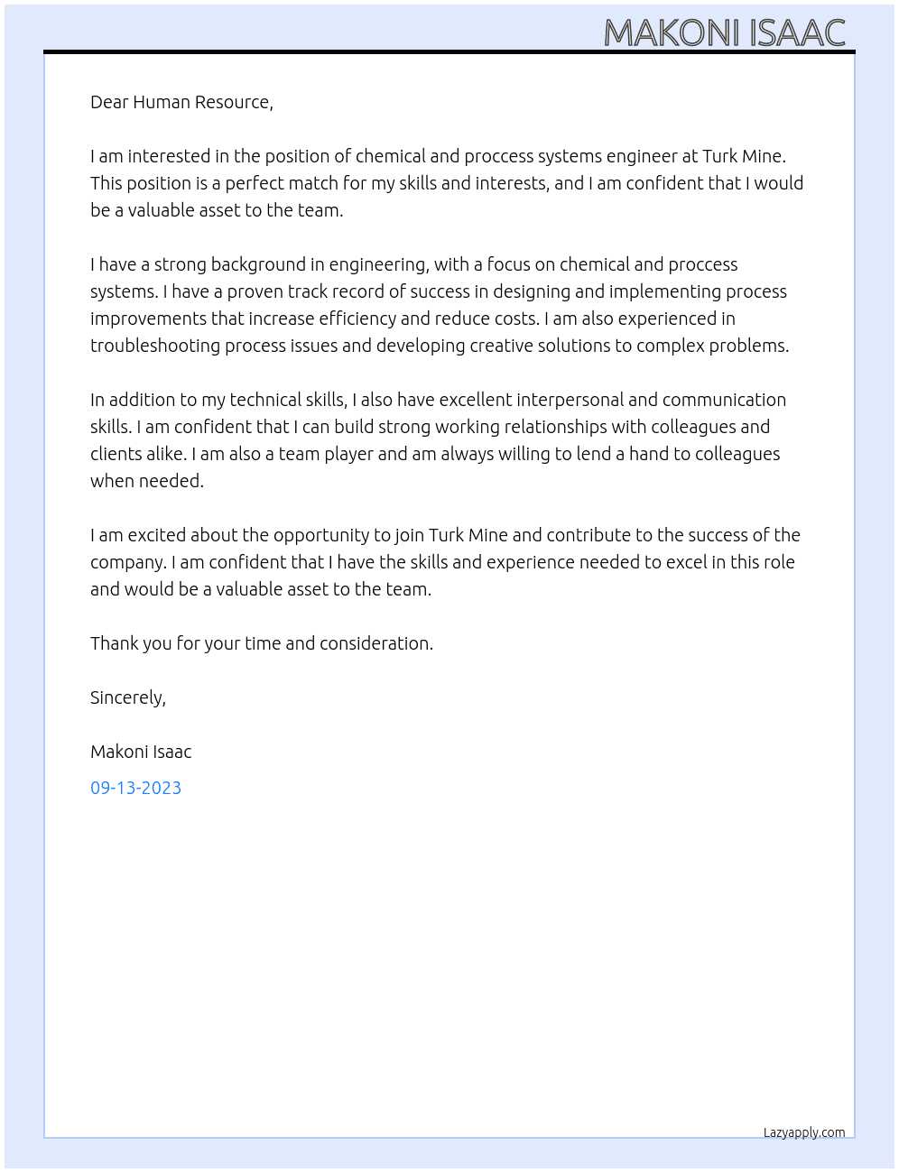 Chemical and proccess systems engineer At Turk Mine Cover Letter