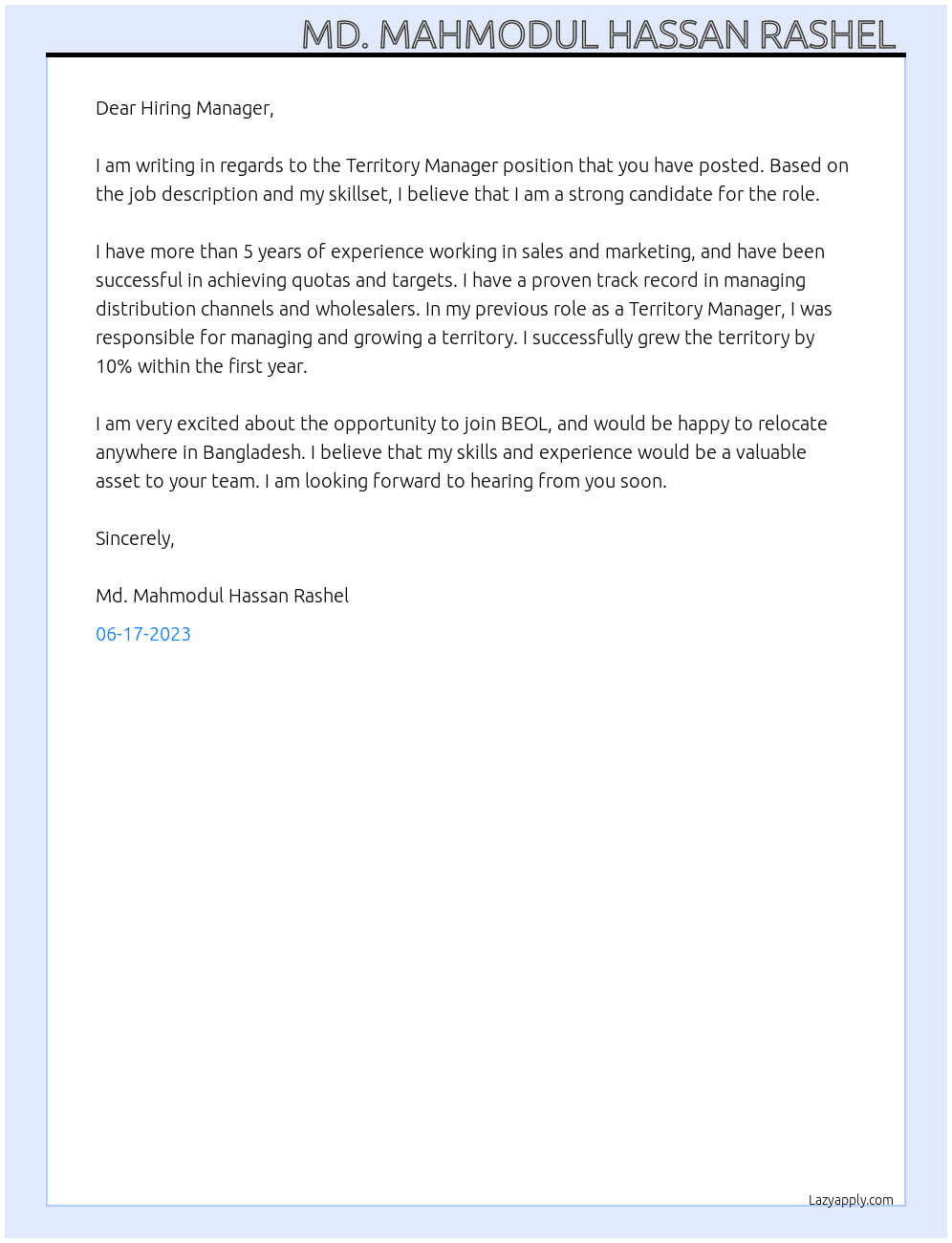 Territory Manager At BEOL Cover Letter