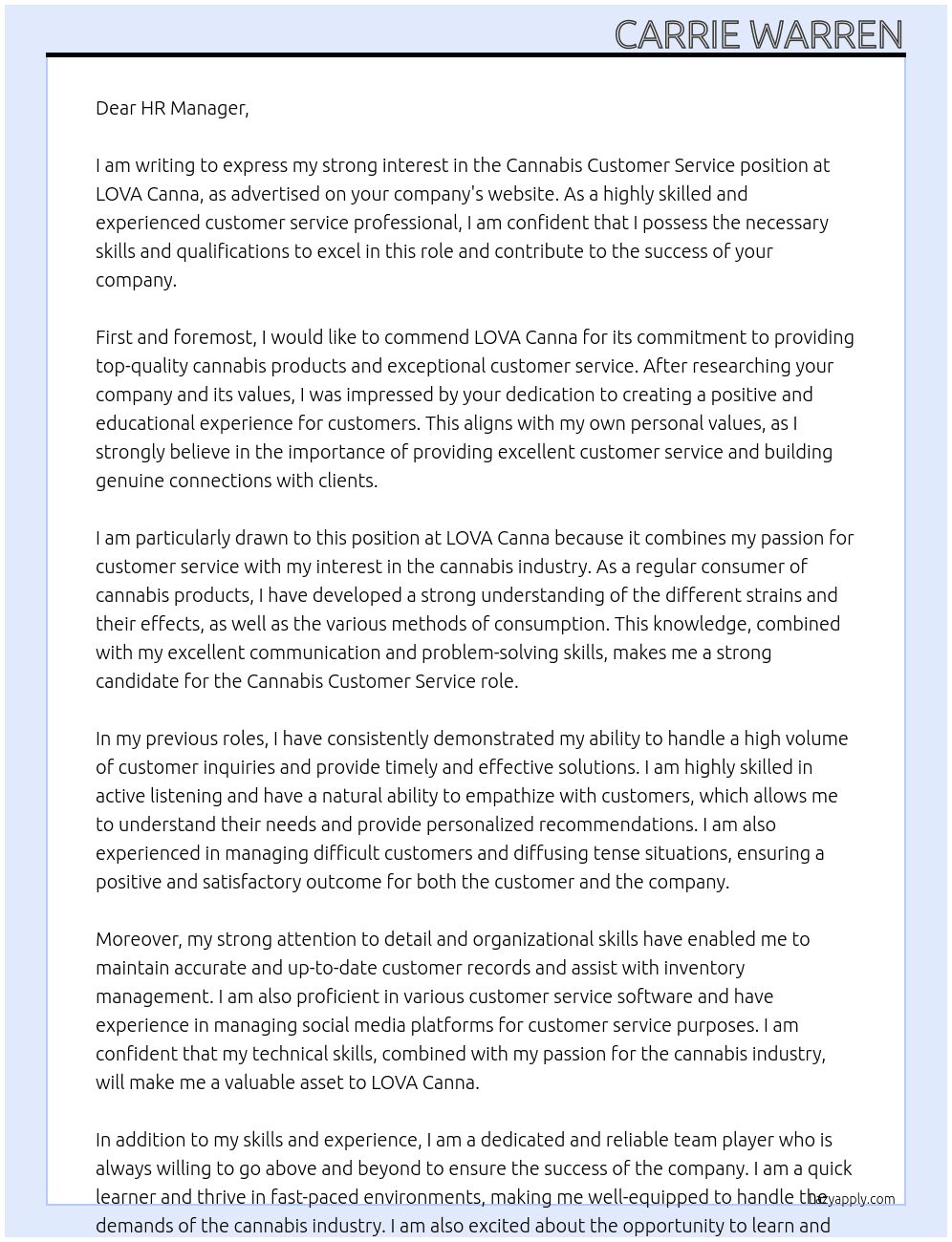 Cannabis customer service At LOVA Canna Cover Letter