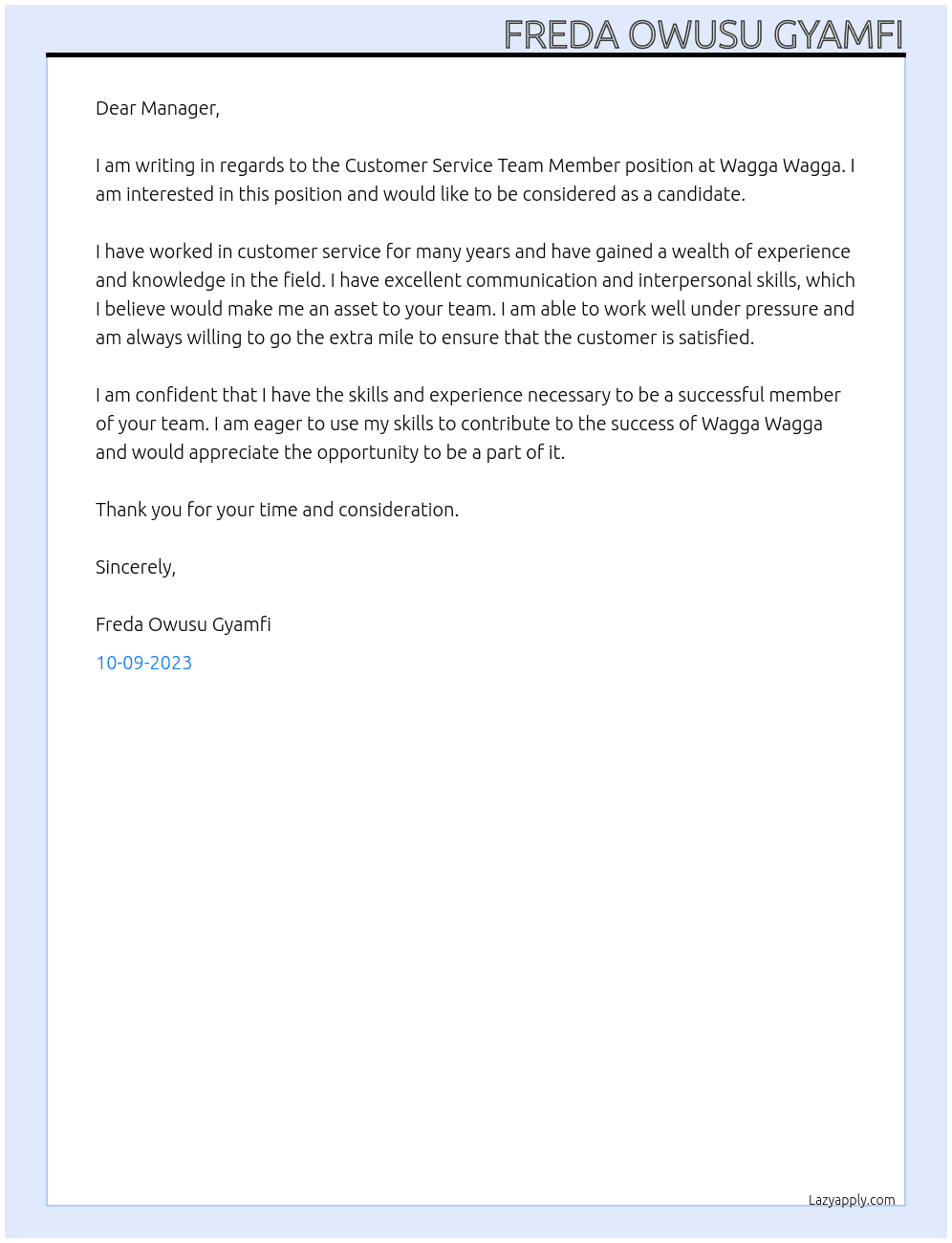 Customer service team member At Wagga Wagga Cover Letter