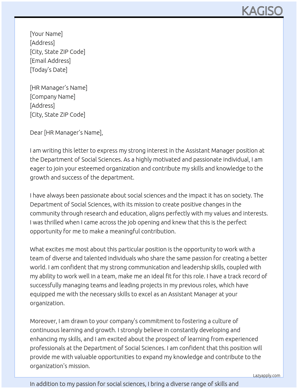 Assistant manager  At Department of Social sciences  Cover Letter