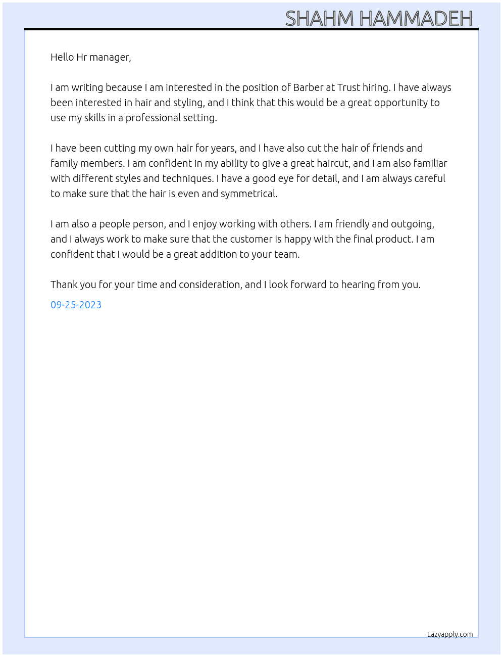 Barber  At Trust hiring  Cover Letter