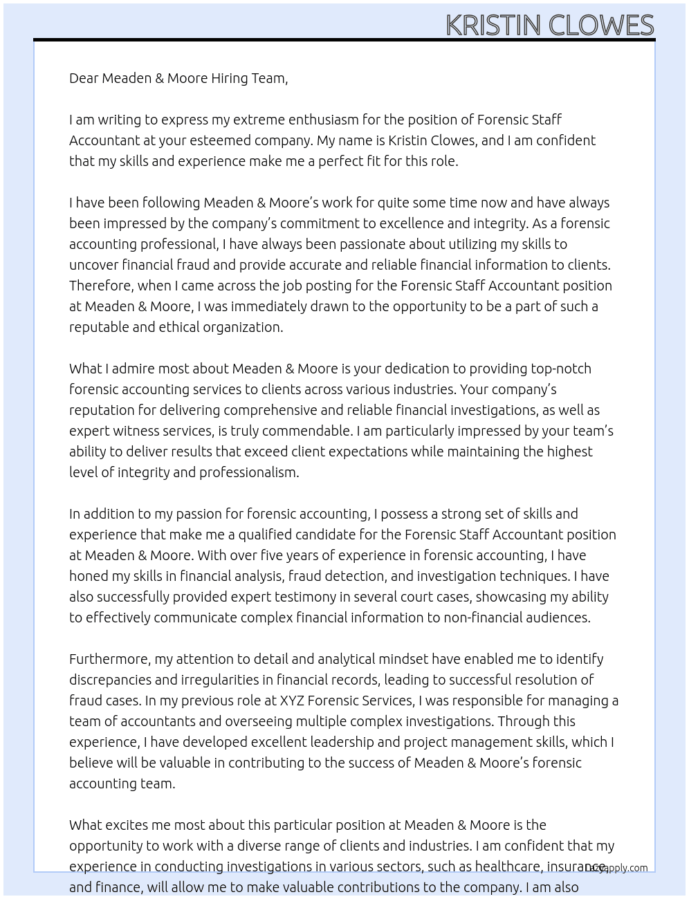 Forensic Staff Accountant At Meaden & Moore Cover Letter