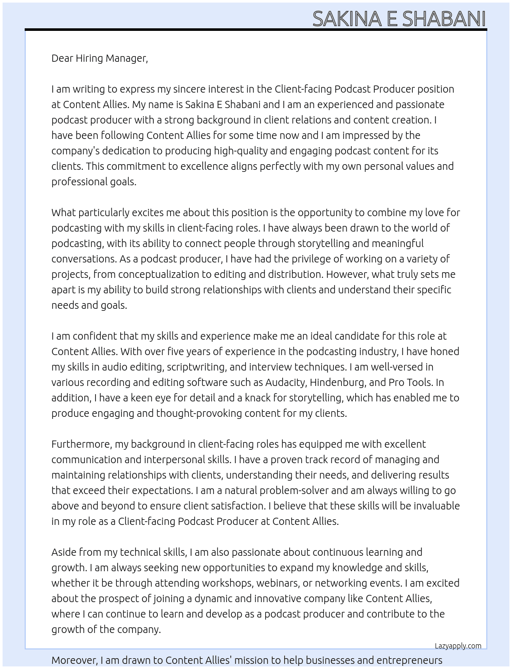 Cover letter for client-facing podcast producer - LazyApply