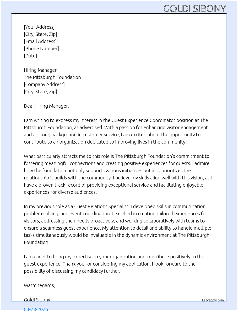Guest Experience Coordinator At The Pittsburgh Foundation Cover Letter