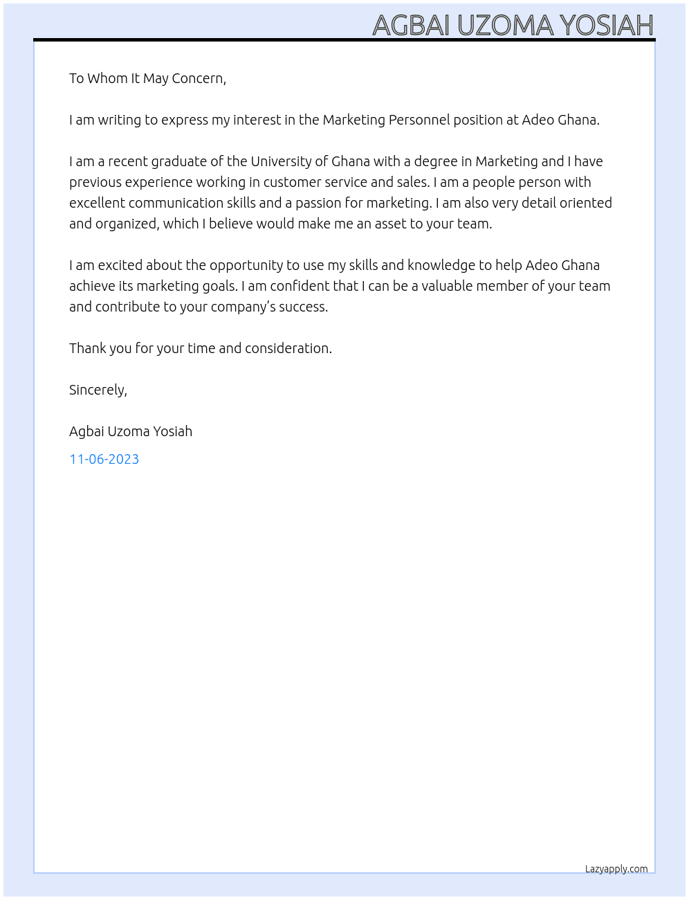 Marketing Personnel At Adeo Ghana Cover Letter