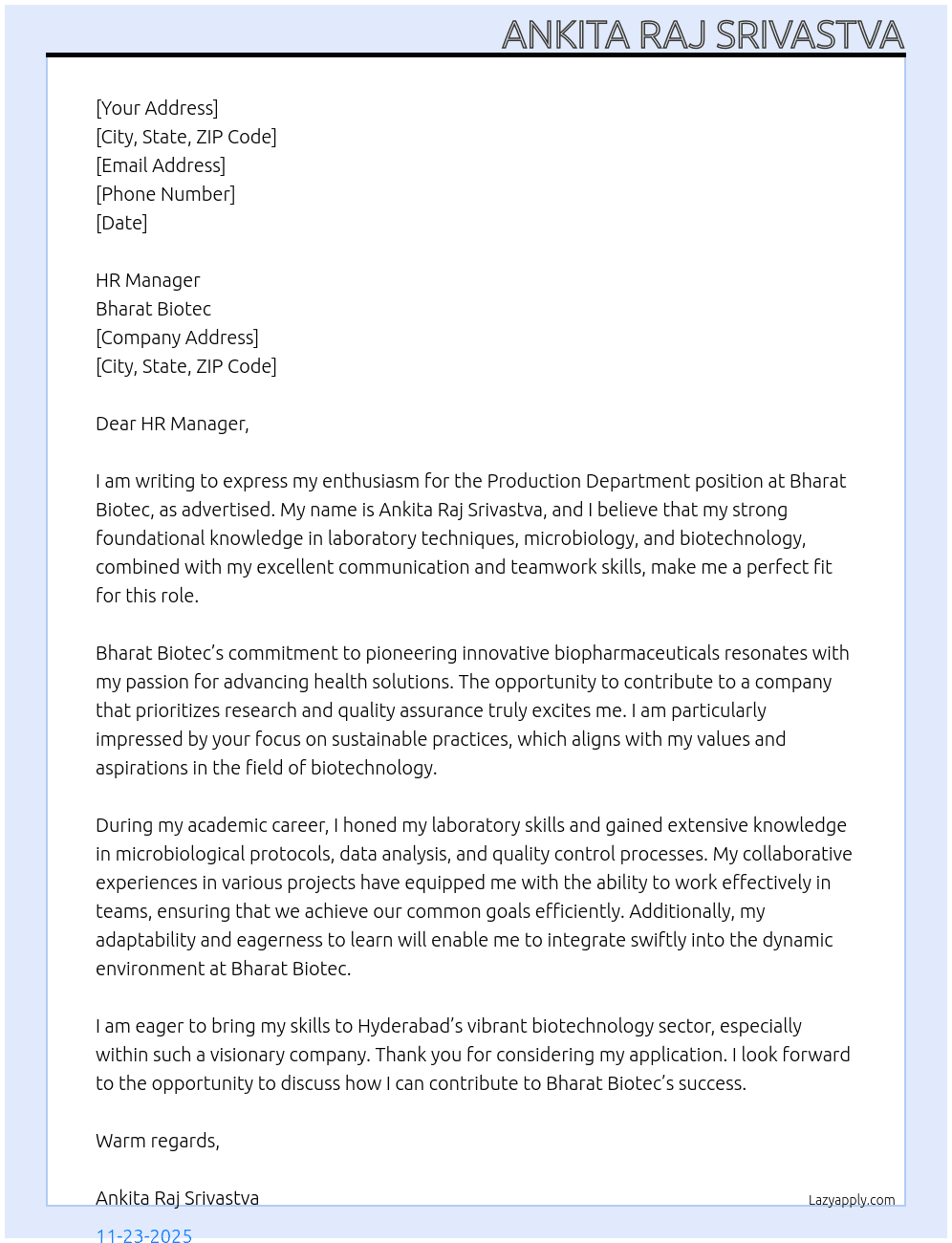 Application for Production Department At Bharat Biotec Cover Letter