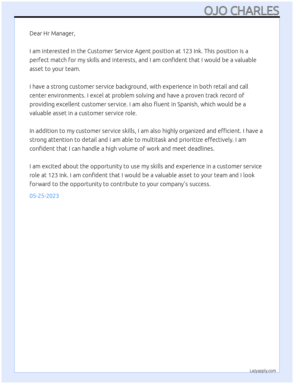 Customer Service Agent At 123 Ink Cover Letter