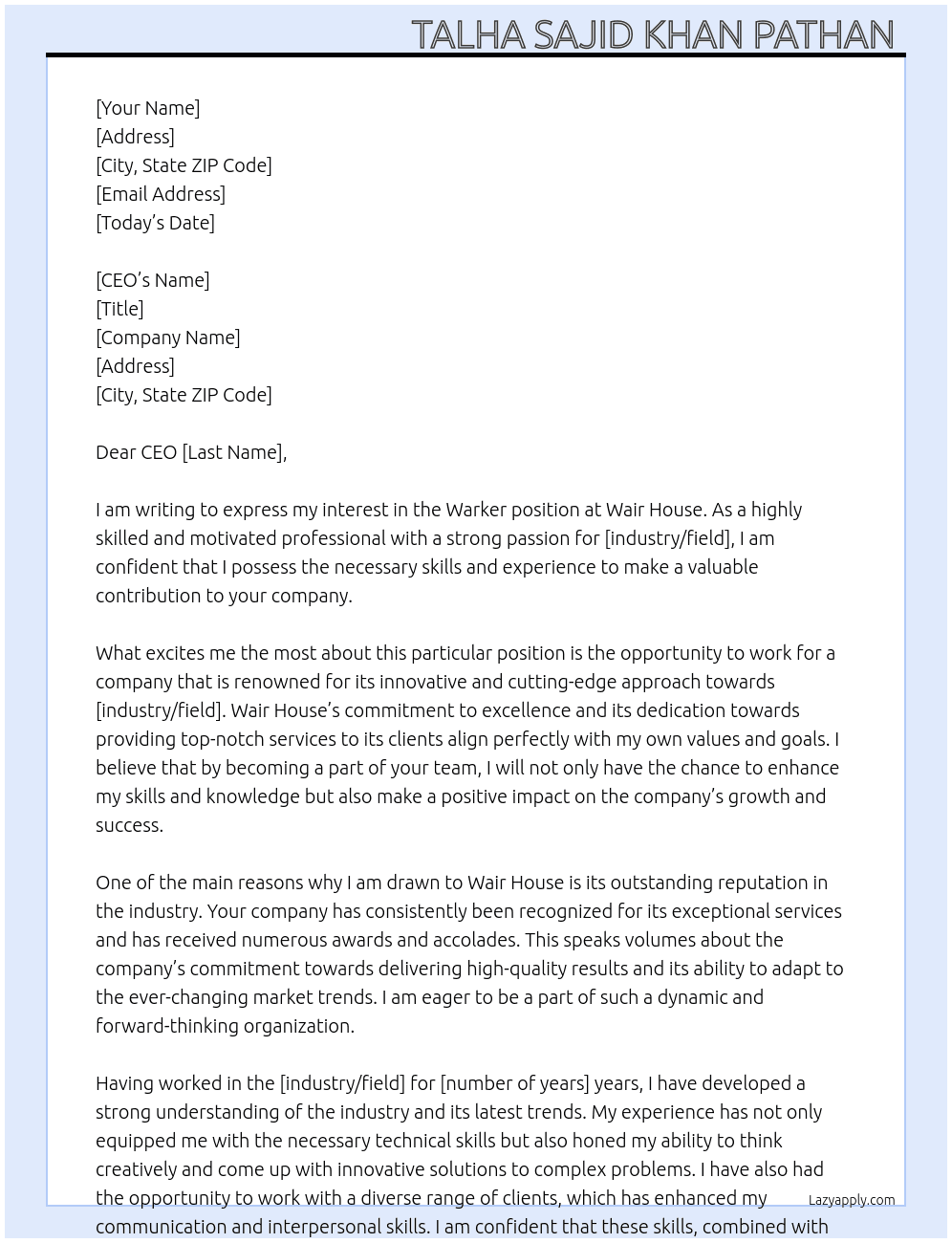 Warker At Wair house  Cover Letter