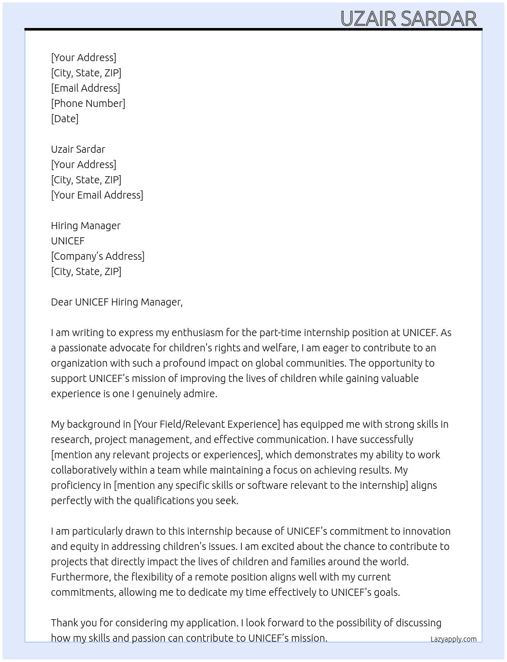 Intership At UNICEF Cover Letter