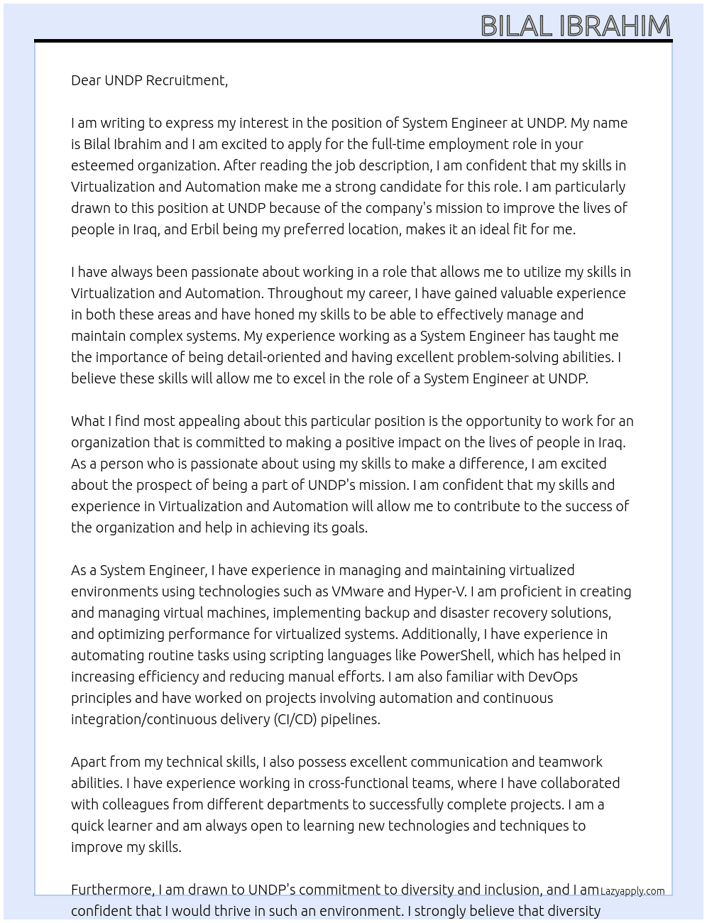 system engineer At UNDP Cover Letter