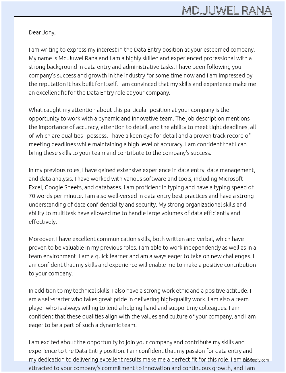Data entry  At JONY Cover Letter