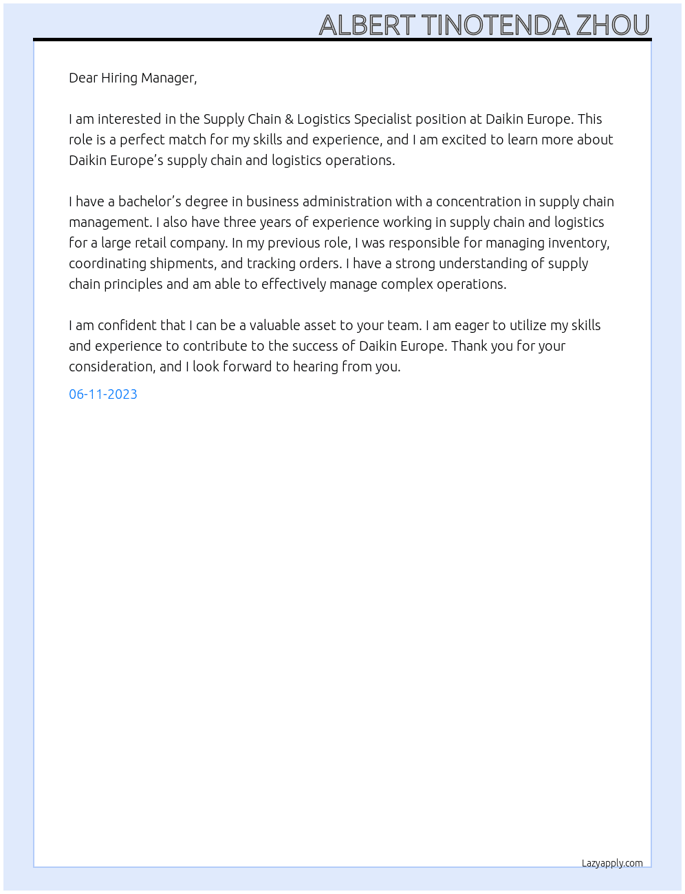 Supply Chain & Logistics Specialist At Daikin Europe Cover Letter