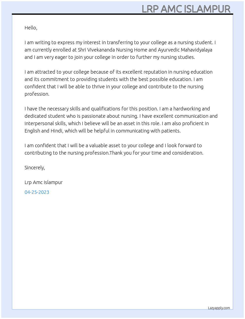 Transfer Student  At Shri Vivekananda nursing home and ayuedic mahavidylaya Cover Letter