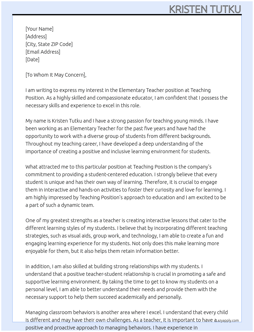Elementary Teacher At Teaching Position Cover Letter