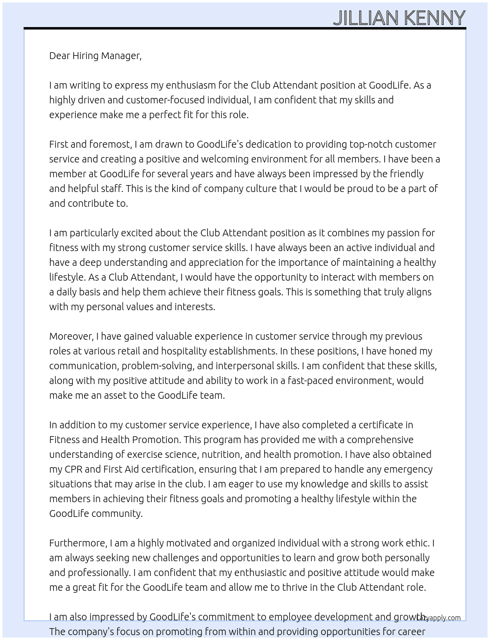 Club Attendant At GoodLife Cover Letter