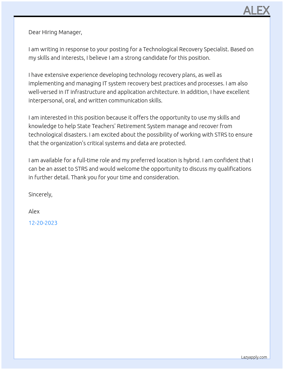 Technological Recovery Specialist At State Teachers' Retirement System Cover Letter