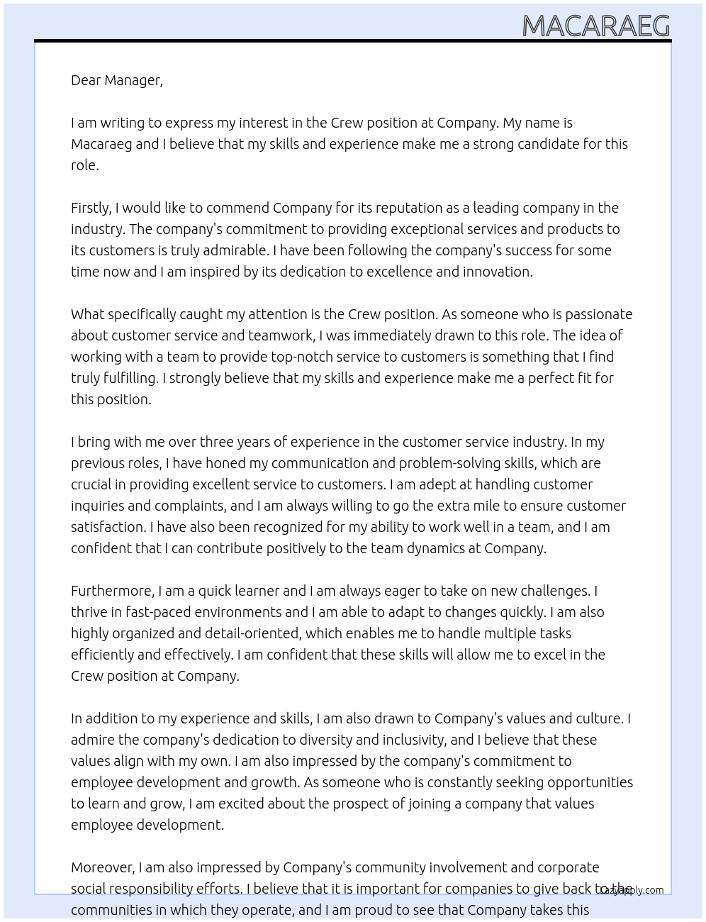 Crew At Company Cover Letter