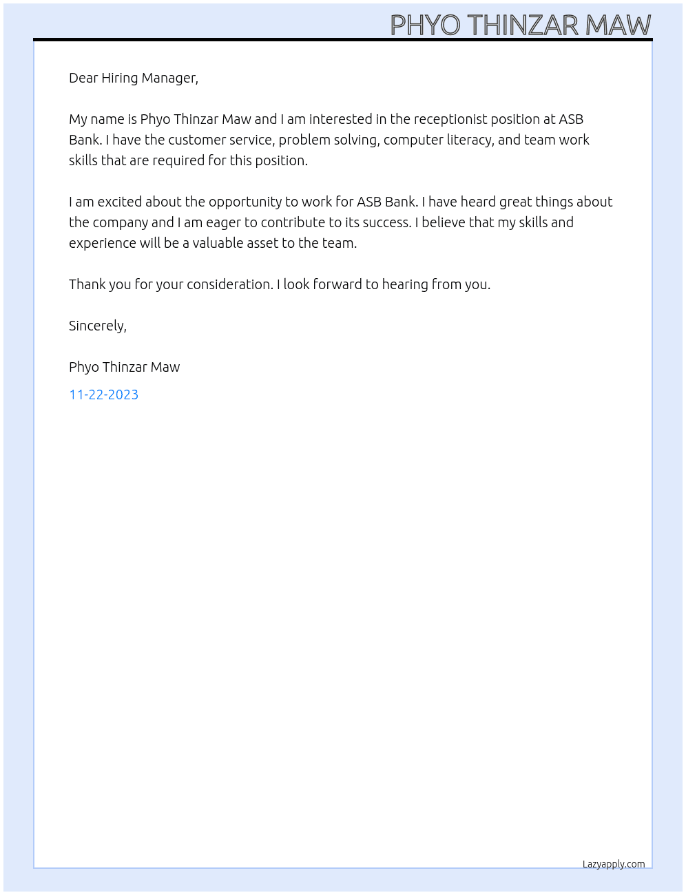 Receptionist At ASB Bank Cover Letter