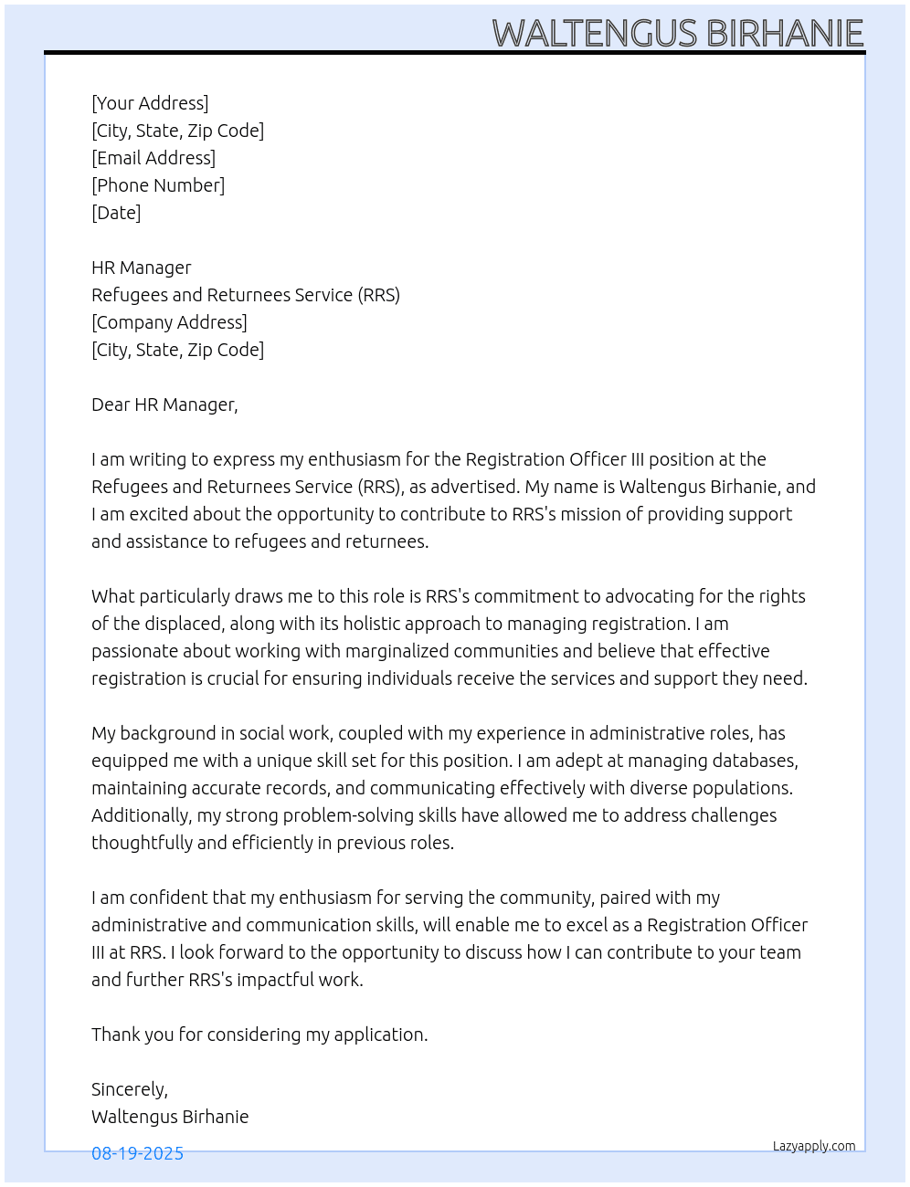 Cover letter for registration officer iii - LazyApply