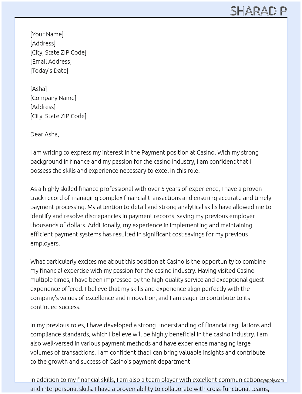 payment At casino Cover Letter