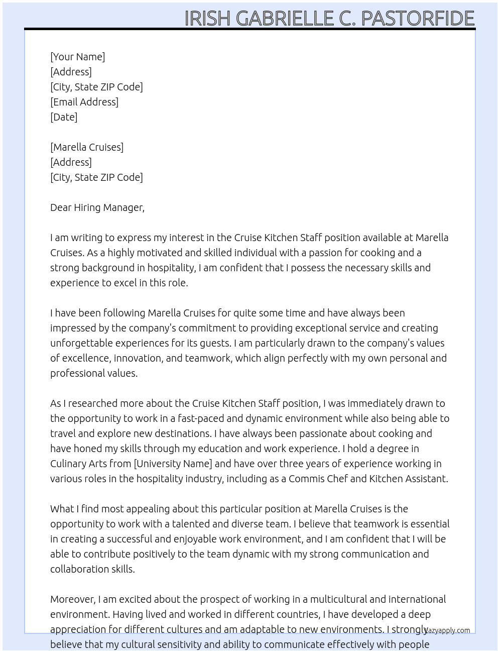 Cruise kitchen staff At Marella Cruises Cover Letter