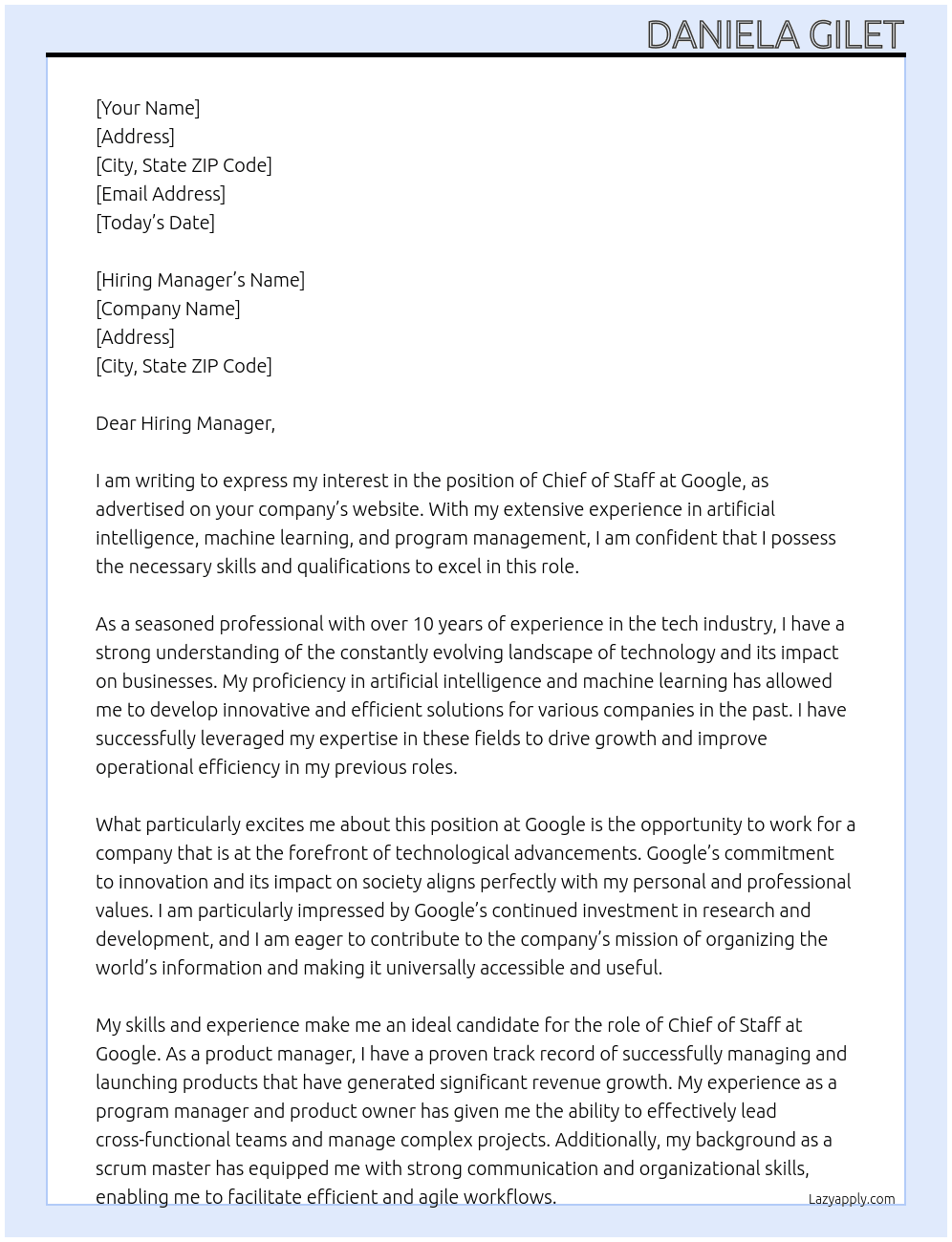 Chief of Staff At google Cover Letter