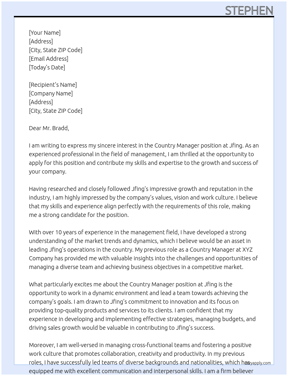 country manager  At Jfing Cover Letter