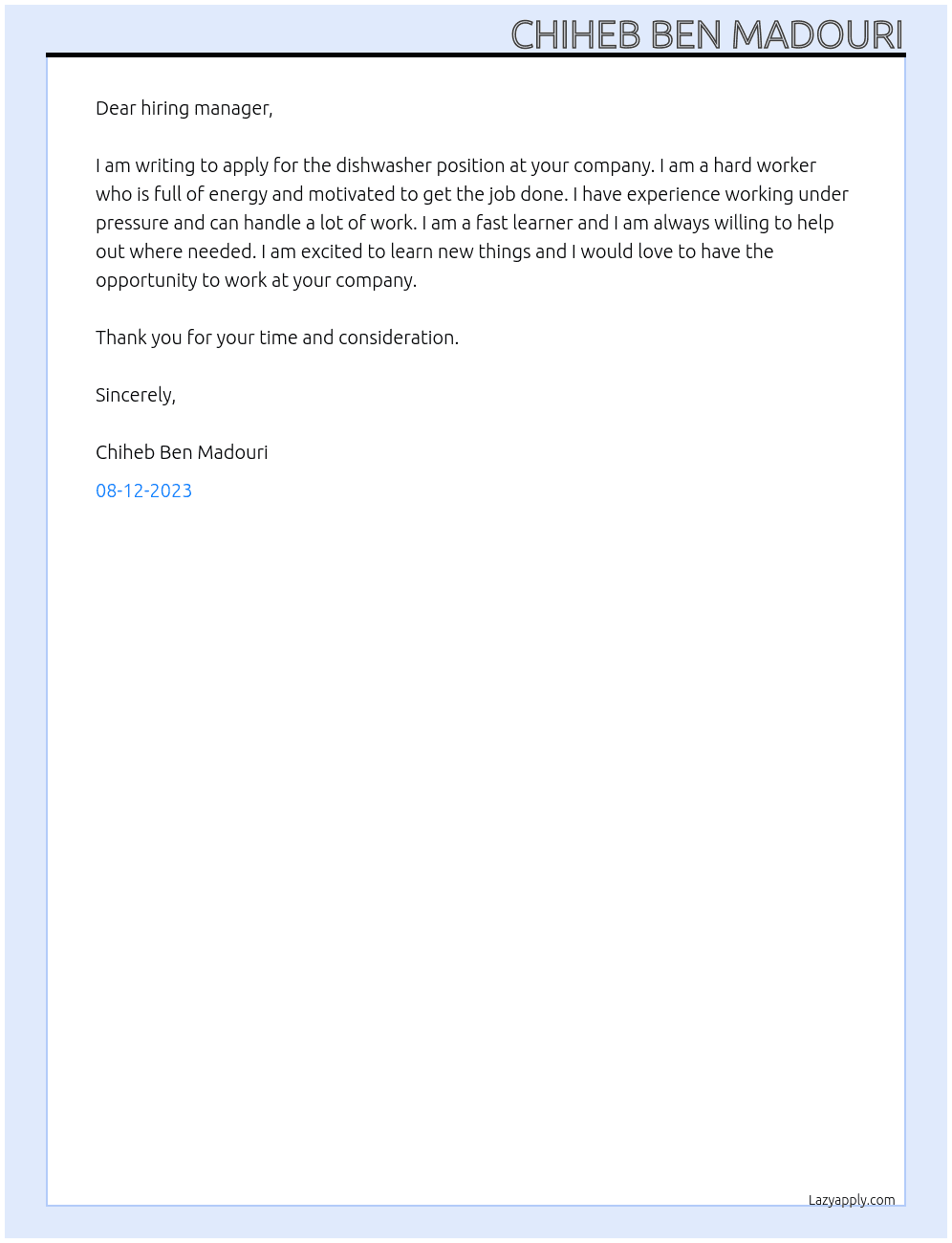 Dishwasher At . Cover Letter