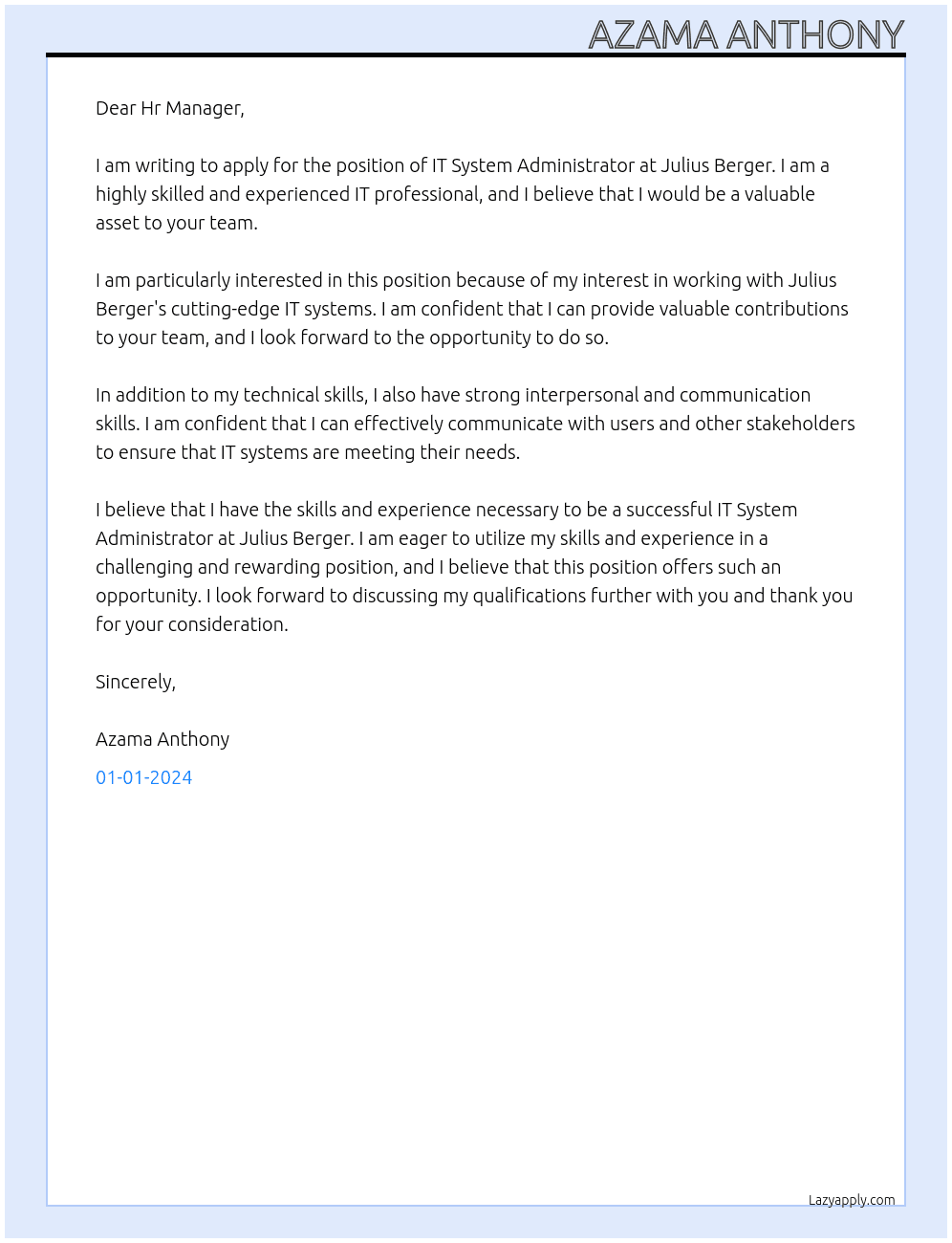 IT System Administrator At Julius Berger Cover Letter