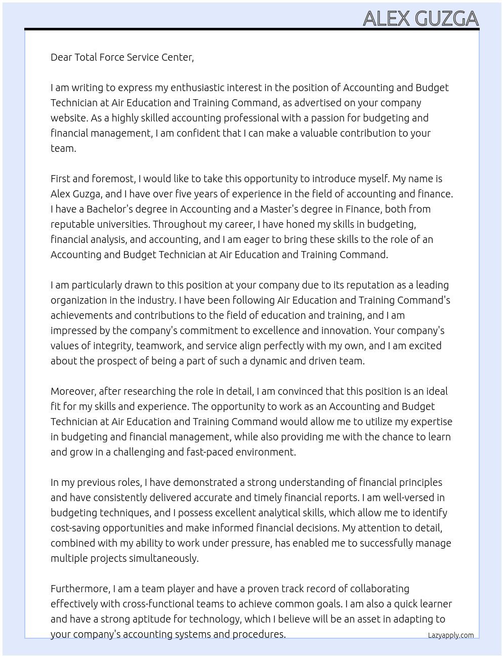 ACCOUNTING AND BUDGET TECHNICIAN At Air Education and Training Command Cover Letter