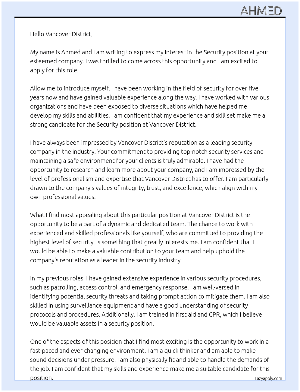 Security  At Vancover district  Cover Letter