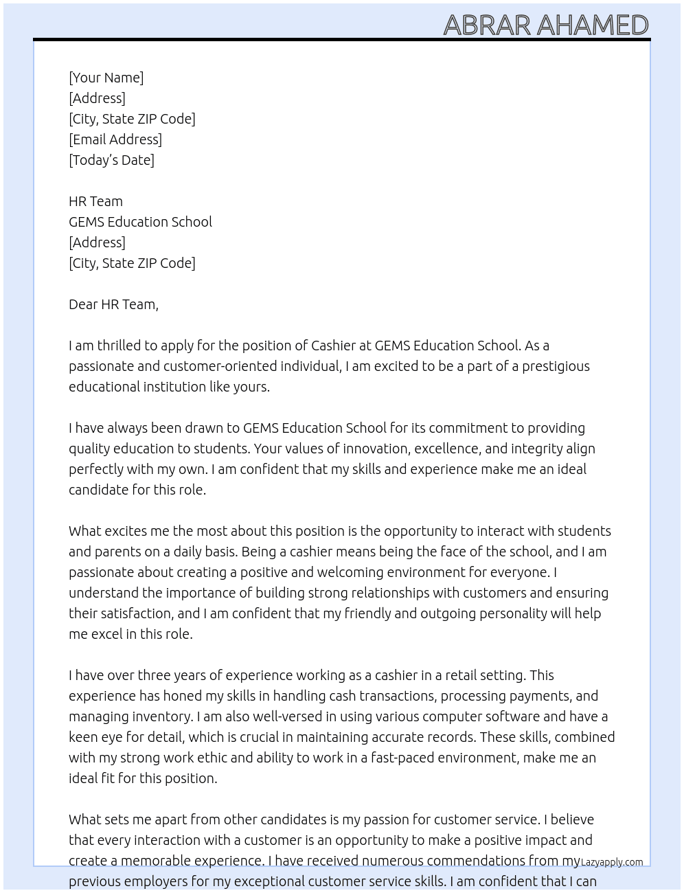Cashier At GEMS Education school Cover Letter