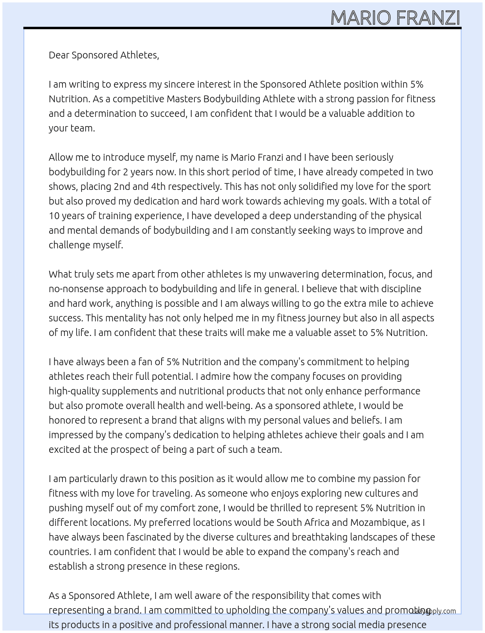 Sponsored Athlete  At 5% Nutrition Cover Letter