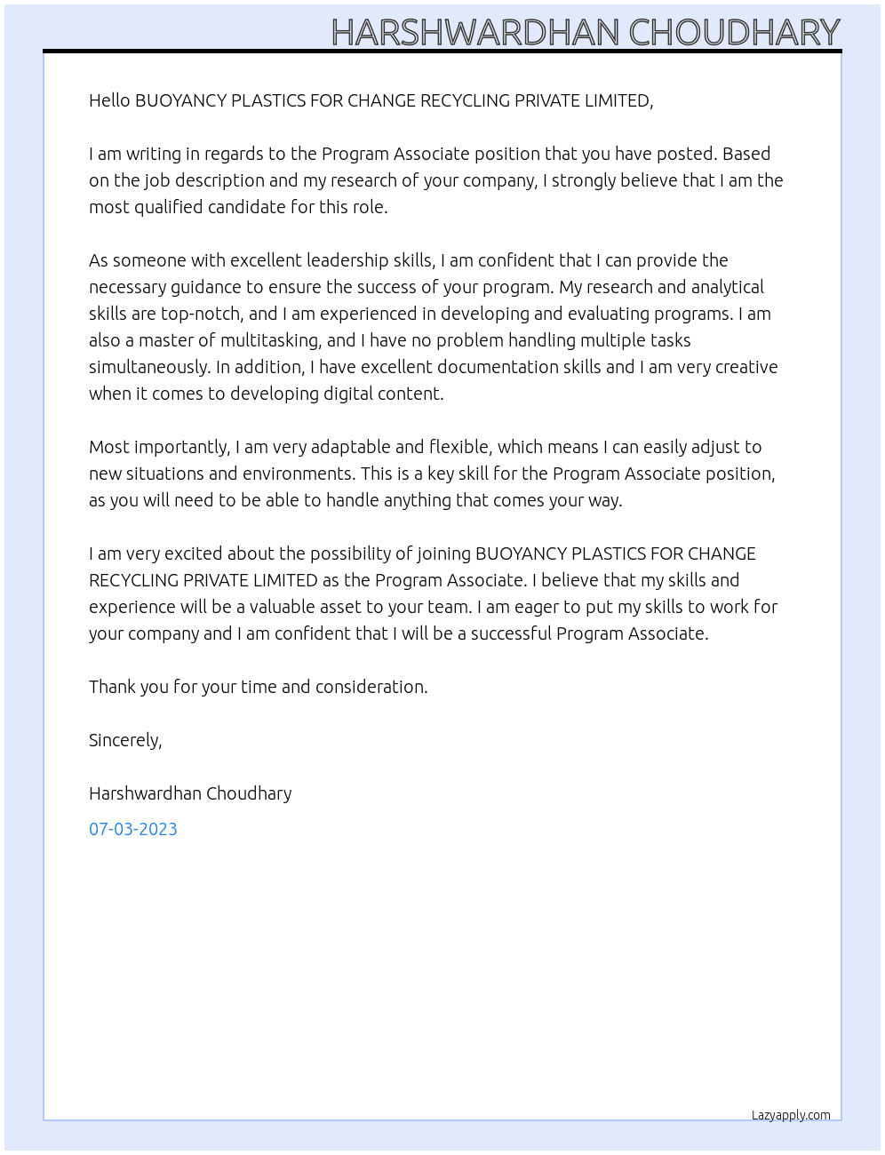 Program Associate At BUOYANCY PLASTICS FOR CHANGE RECYCLING PRIVATE LIMITED Cover Letter