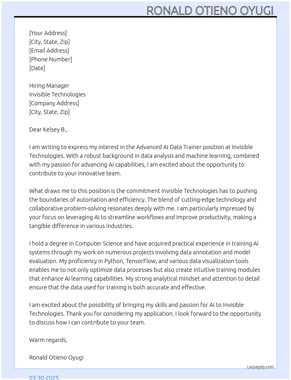 Advanced AI Data Trainer position At Invisible technologies Cover Letter
