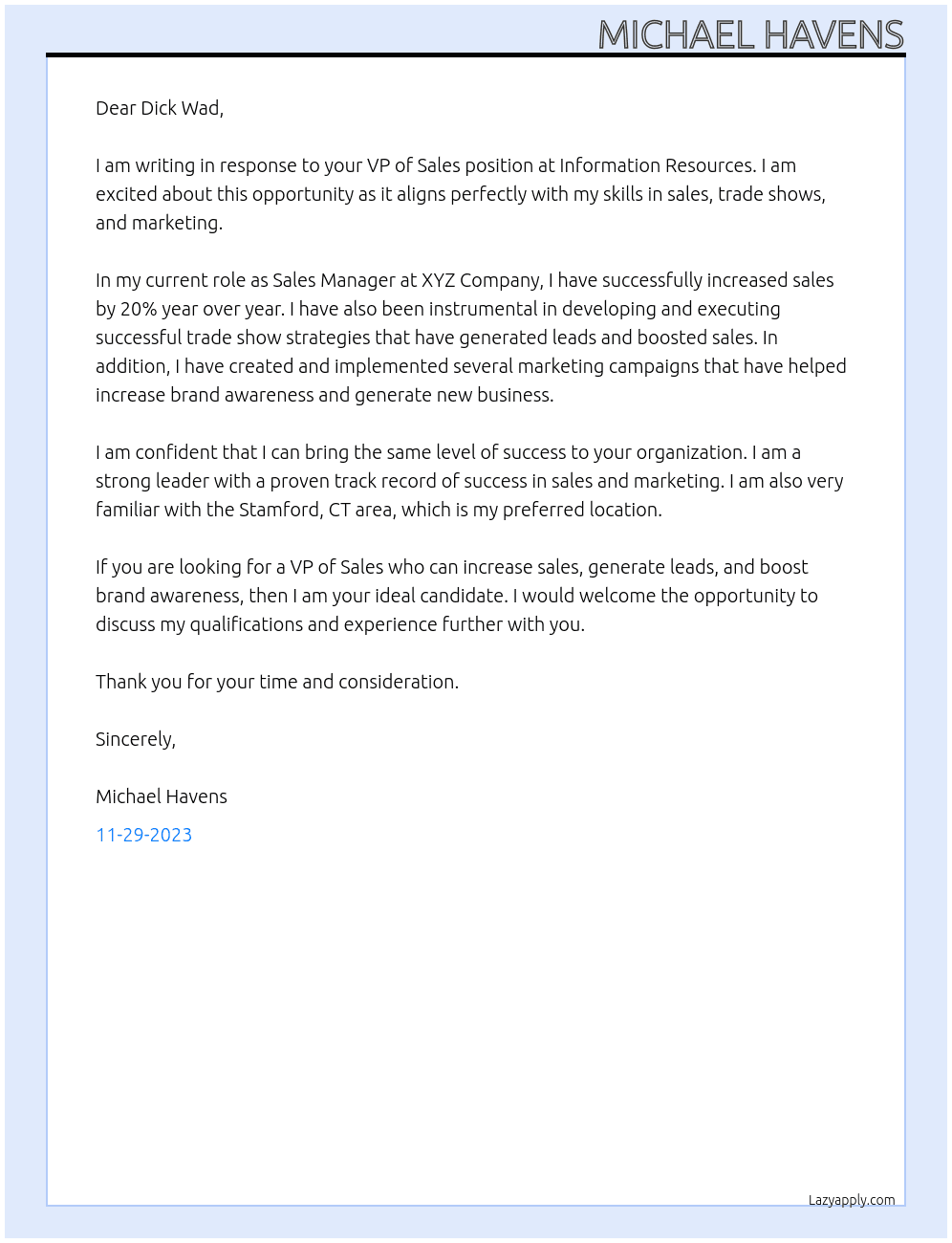 VP of Sales At Information Resources Cover Letter