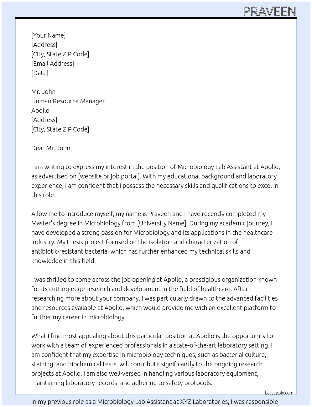 Microbiology lab assistant At Apollo Cover Letter