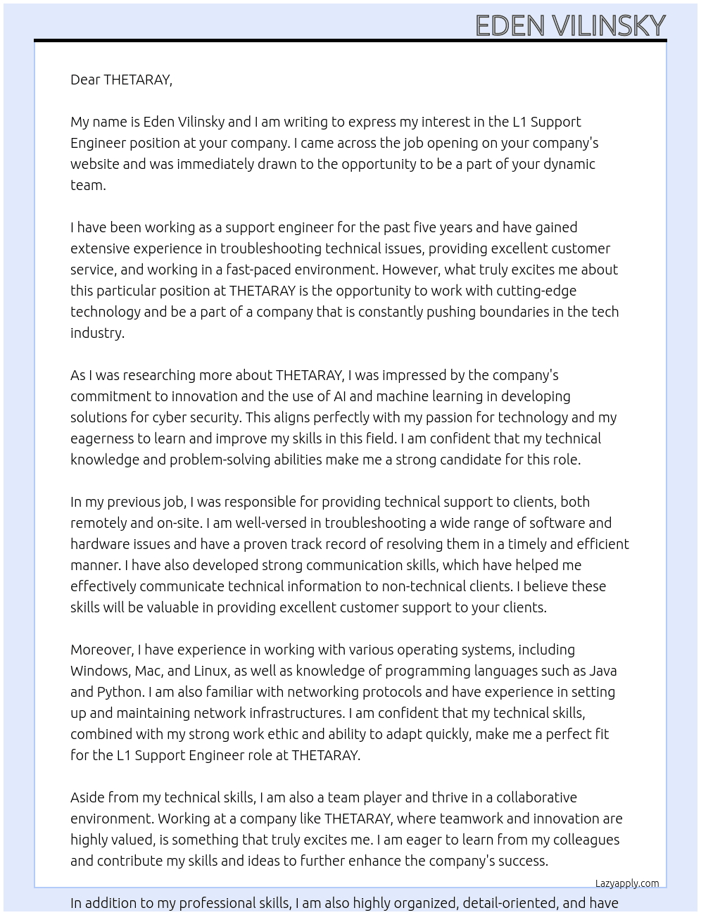 L1 support engineer At THETARAY Cover Letter