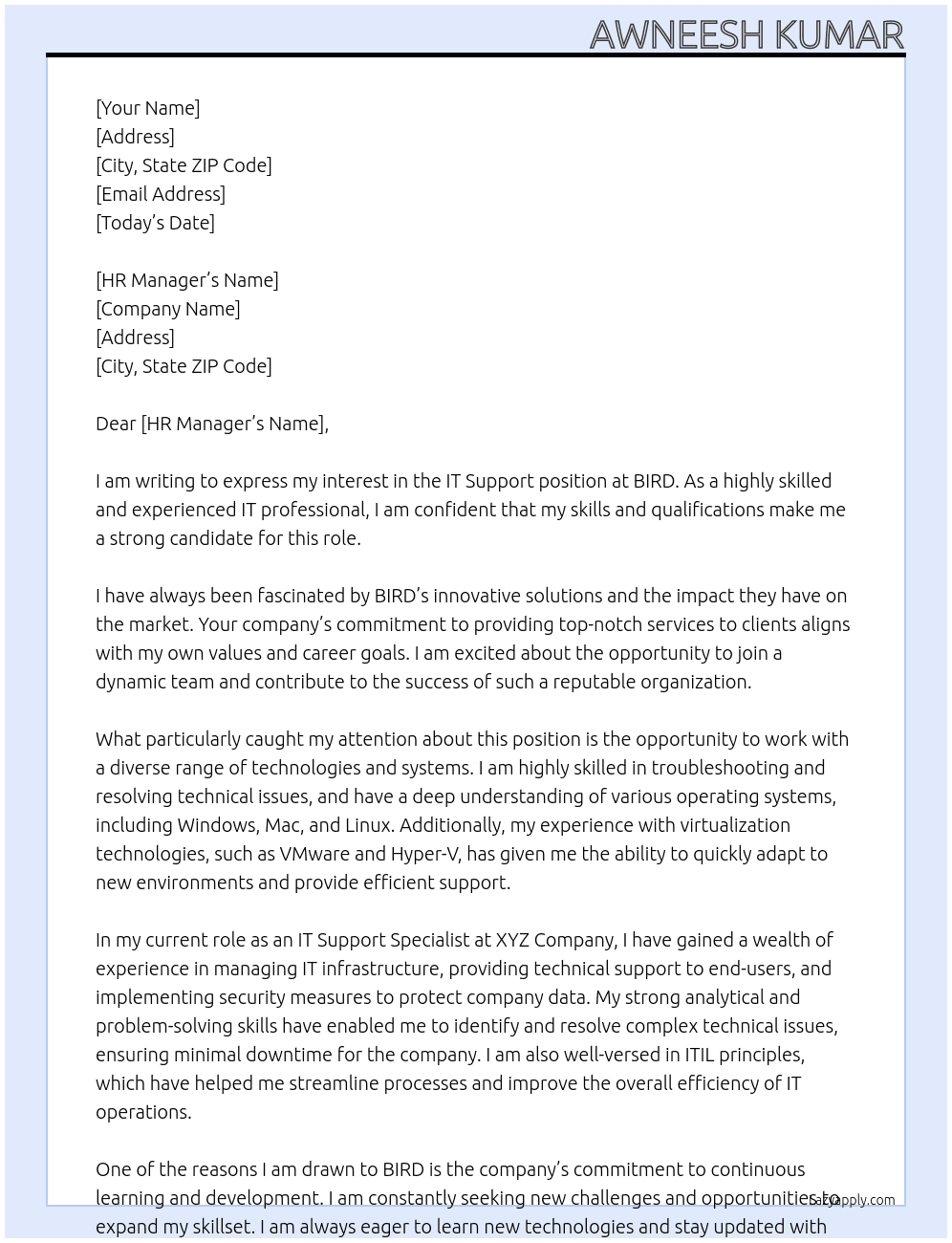 IT Support At BIRD Cover Letter