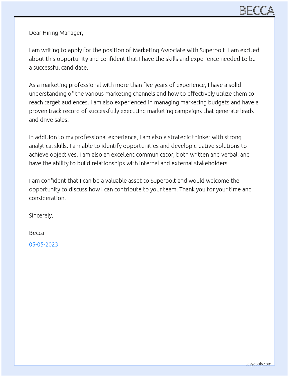 Marketing Associate At Superbolt Cover Letter