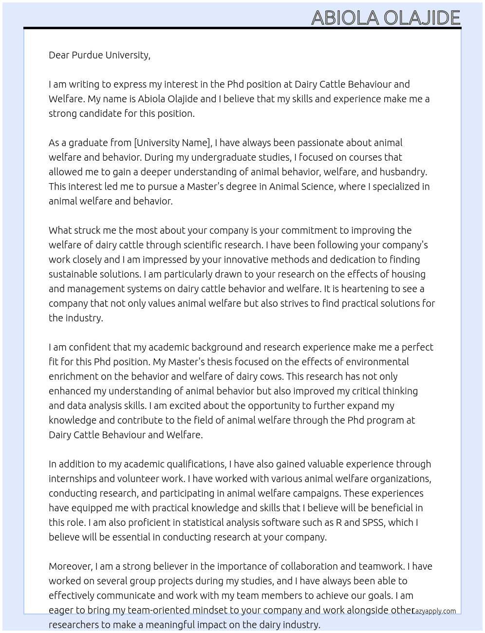 Phd At dairy cattle behaviour and welfare Cover Letter