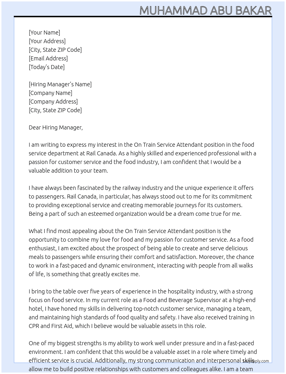 On Train Service Attendant (food service) At Rail Canada Cover Letter